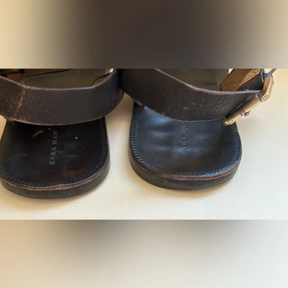 Zara Black Leather Sandals with Tan, Red & Blue Woven Straps